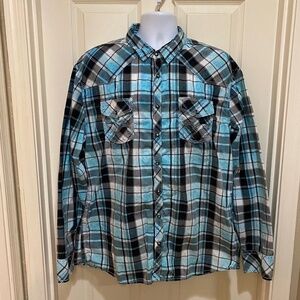 BKE Vintage 67 Athletic Fit Plaid Pearl‎ Snap Western Long Sleeve Teal/Black XXL